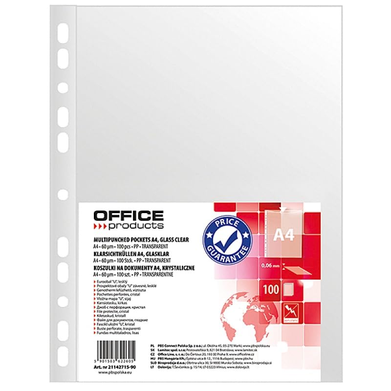Office Products Document Wallets/Pockets A4 / Pack of 100 / Open Top Transparent Pockets Perforated Plastic Cover/Transparent 60 Micron/Reinforced Edge