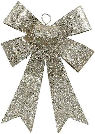 HOMZE 7" Champagne Sequin and Glitter Bow Christmas Ornament - SilverVickerman 7" Champagne Sequin and Glitter Bow Christmas Ornament - Silver
