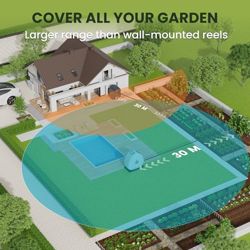 Giraffe Tools Retractable Hose Reel with 30M, Heavy Duty Ground Mount Garden Hose Reel, with 7-Function Sprayer Nozzle & Flexible Swivel Base