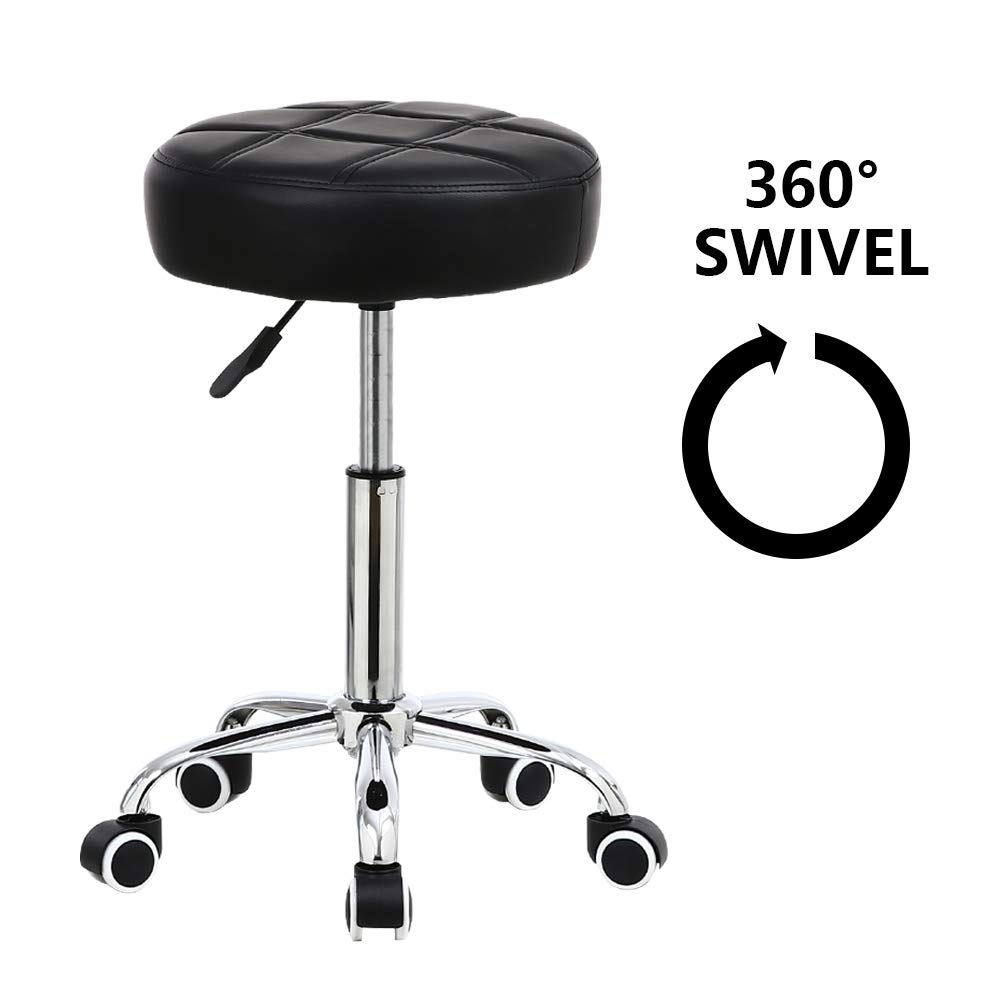 KKTONER Round Rolling Stool Chair PU Leather Height Adjustable Shop Stool Swivel Drafting Work SPA Medical Salon Stools with Wheels Office Chair Black: Kitchen & Dining