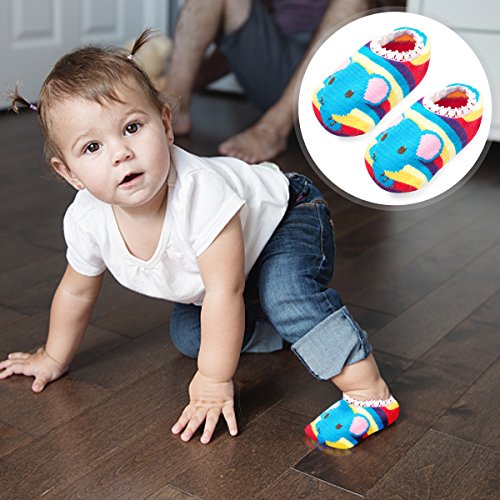 CIEHER 5 Pairs Cute Animal Stripes Non-Skid Baby Slipper Socks with Grip for 6-20 Months Baby Infants Toddler, 5 Cute Colors - Thumbnail 4