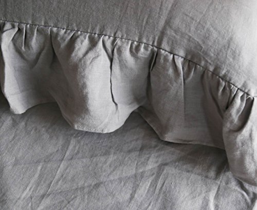 meadow park Stone Washed French Linen Duvet Cover Set 3 Pieces - Super Soft, King Size - 104 inches x 94 inches - Shams 20 inches x 36 inches, Ruffled Style - Button Closure - Corner Ties, Grey Color