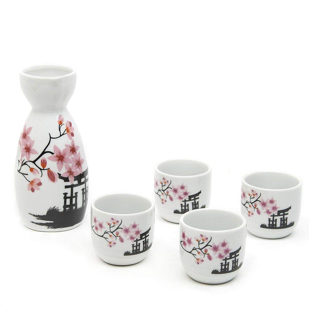 Sake Set Japanese Sake Pot Set Traditional Sake Cup Hand Painted Design Porcelain Pottery Ceramic Crafts Wine Glasses Saki Cups 5 Piece (Cherry Blossoms New)