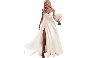 GUKARLEED Women's Wedding Dresses Satin Formal Dress for Bride Strapless Long Satin Off The Shoulder Wedding Dress with Train