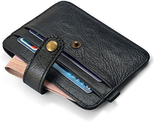Slim Leather Wallet Sleeve Card Credit Card Case With Key Ring Oil Wax Leather Black (Black)