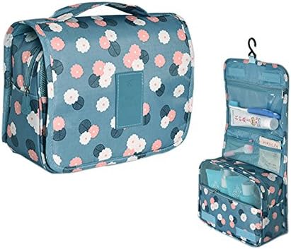 Travel Makeup Cosmetic Bag Hanging Toiletry Bag Portable Waterproof Travel Organizer Bag for Women Girl (Blue Flowers)