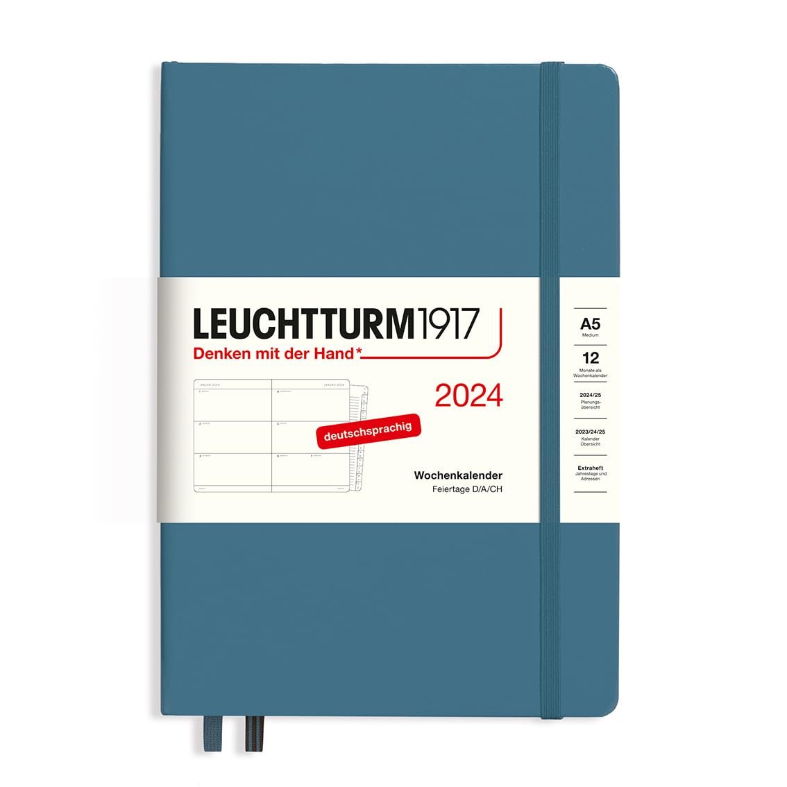 LEUCHTTURM1917 367619 Weekly Planner Medium (A5) 2024 with Extra Book for Addresses and Anniversaries, Stone Blue, German, 12 Months