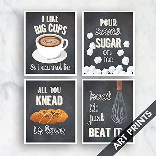Big Cups, Sugar, Knead Love, Beat it (Funny Kitchen Song Series) Set of 4 5x7 inch Unframed Art Prints (Featured color Vintage Chalkboard) Kitchen Art