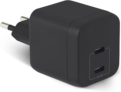 USB-C-Wandladegerät mit Nano-GaN-Technologie und Schnellladefunktion, 35W, 2 Anschlüsse für Tablets/Telefone, Schwarz