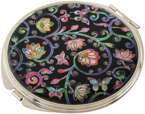 Handmade Handcrafted Mother of Pearl Magnifying Double Compact Cosmetic Makeup Round Hand Mirror lacquer wares inlaid with Flower and Vine Design