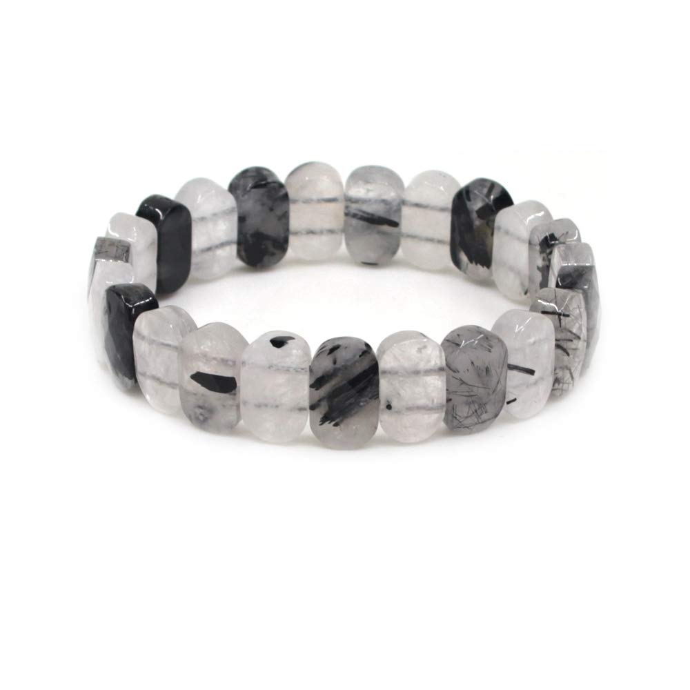 CHENYUE Natural Black Rutilated Quartz Gemstone 14mm Faceted Oval Beads Stretch Bracelet 7.5 Inch Unisex