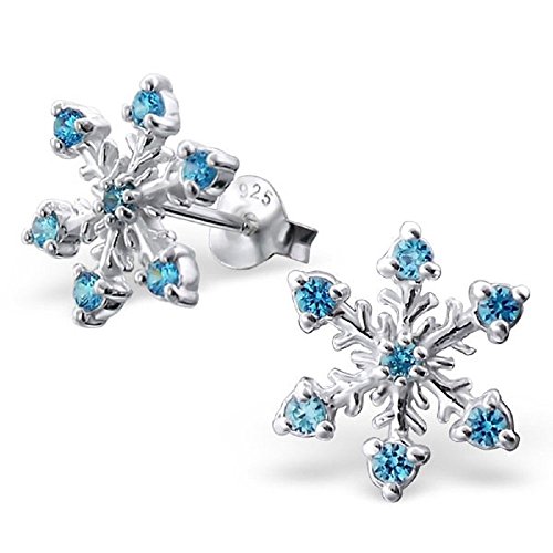 925 Sterling Silver Snowflake w/ Aquamarine CZ Christmas Stud Earrings 16162