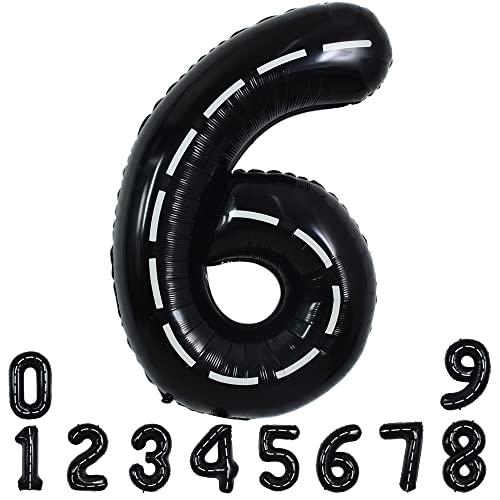 TONIFUL Race Car Black Balloons Car Birthday Party Supplies,40 Inch Giant Jumbo Helium Foil Mylar Big Number 6 Digital Six Balloons for Boys Monster Truck Jam Car Theme Party Decorations