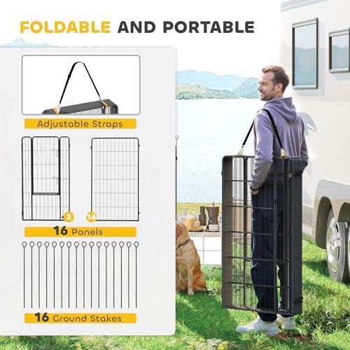 PawHut 16 Panels Dog Playpen, 27" W x 47" H Portable Heavy Duty Pet Fence with Door & Strap for Indoor Outdoor Backyard Garden, Foldable Puppy Pet Pen for Large Dogs