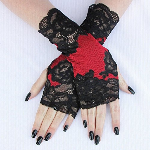Bittersweet Red and Black lace Fingerless Gloves Plus sizes