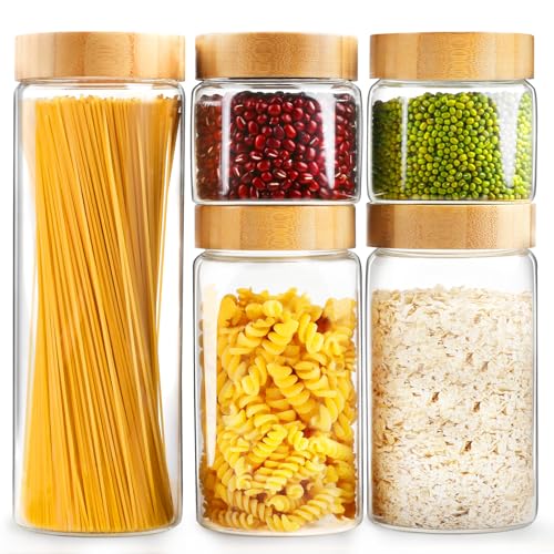 AISIPRIN Glass Storage Containers with Lids, Airtight Glass Jars with Screw On Bamboo Lid,Cookie Jars,Pasta, Cereal,Sugar Flour Containers Storage, 1Pcs 80oz 2Pcs 50oz 2Pcs 27oz Kitchen Food Canister
