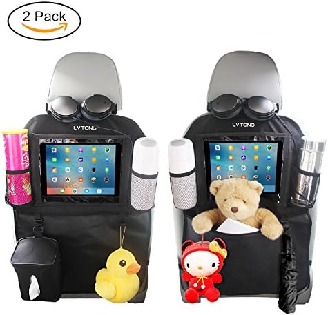 Kick Mats Car Back Seat Organizer 2 Pack Protector Covers XL Storage Bag Pocket with 1 Free Tissue Box 10'' iPad Tablet Holder Car Organizers for Kids Travel