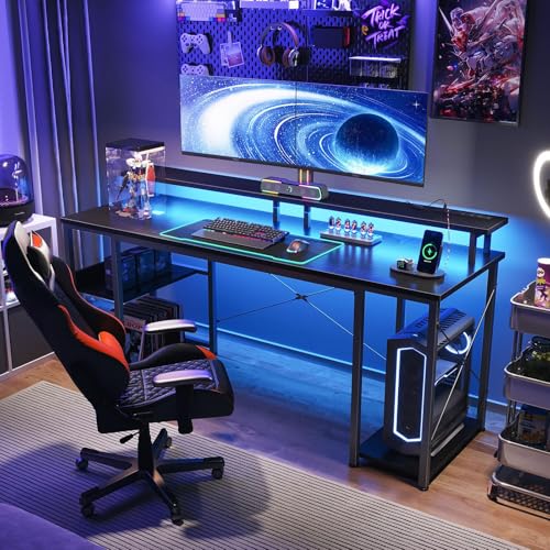 FL FASHION LEADER Escritorio Gamer, Escritorio para Computadora,Escritorio de Oficina en Casa, Escritorio para Viene con Regleta, Regleta de luz y Soporte para Monitor, 140cm Negro