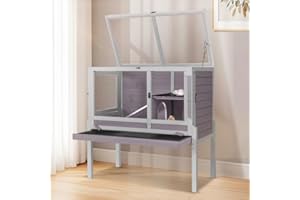 JOYQINCHEN Wooden Guinea Pig Cages Indoor,Two-Story Wooden Rabbit Cage Hutch with Removable Stand and Pull Out Tray, Small Animals Cage Habitat with Ramp and Wire Mesh(Grey&Purple)