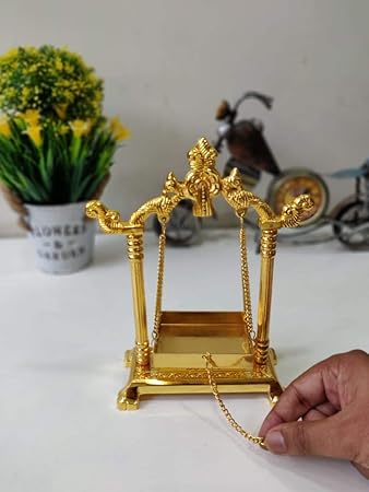 Collectible India Metal Swing Laddu Gopal Jhula with Golden Polish for Gods & Goddesses Hindola Parna Jhula for God Idols for Home, Mandir & Office Decoration (Size 8x6.5 Inches)