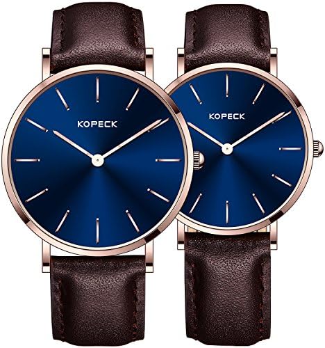 KOPECK His and Hers Ultra Thin Stainless Steel Quartz Wrist Couple Watches for Lovers (coffee leather)
