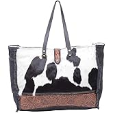 Myra Bag Cow Print Purses for Women - Canvas and Hairon Cowhide Bag with Leather Strap, Cow Hide Western Style Women's Purses