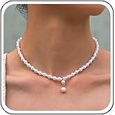 Yheakne Bohemian Pearl Choker Necklace White Bead Chain Necklace Round Pearl Strand Necklace Statement Necklaces Jewelry for Women