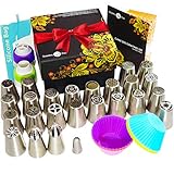 78-Pcs Deluxe Cake Decorating Kit - 30 Russian Piping Tips-2 Sphere ball tips - Leaf tip- 30 Pastry bags -12 Silicone baking cups -Silicone Bag - 2 Couplers - Printed booklet-Gift Box