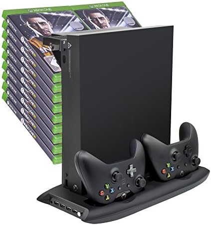 Zadii Xbox One X Vertical Stand Cooling Fan with Dual Controller Charging Station and Game Disc Storage Tower Mount