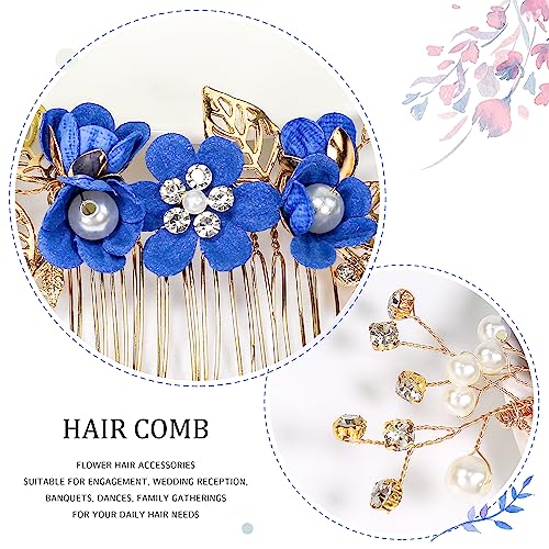 4 PCS Flower Hair Comb Summer Flower Girl Hair Pin Yellow Gold Metal Leaves Bride Bridesmaids Birthday Prom Party Hair Piece Accessory, Heaspiece Set (Something Blue)
