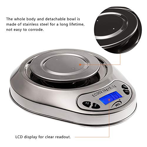Hochioce Digital Food Kitchen Scales, Multifunction Kitchen Scales, Removalble Bowl for Cooking and Baking,0.1g High Precision Scales, LCD Display,Stainless Steel-Silver