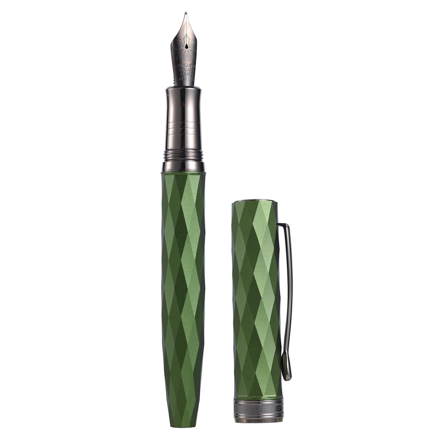 Hongdian N11 Fountain Pen, Titanium-Coated Black Extra Fine Soft Nib, Grass Green & Lozenge Geometric Design with Metal Case Set