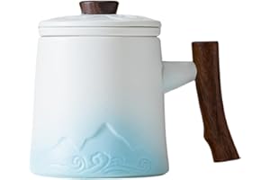 YUMUE Japanese Design Tea Cup with Infuser and Lid, Black & Blue Tea Mug for Loose Leaf Steeper, Wood Handle for Hot Tea Diff