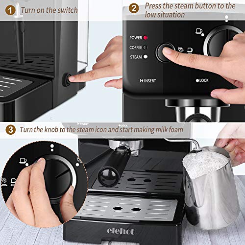 ELEHOT Espresso Machine Coffee Makers with 15 Bar Pump and Milk Frother (Black)