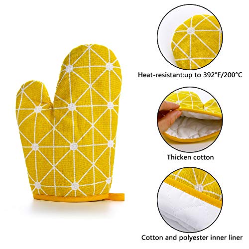 IEIK Oven Mitts and Potholders, Kitchen Mitts and Pot Holders with Recycled Cotton Non-Slip Cooking Gloves for BBQ Cooking Baking Grilling, Set of 4 (Yellow)