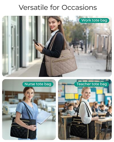 bagsmart Laptop Tote Bag for Women, 15.6 inch Teacher Work Bag Nurse Bag, Computer Briefcase, Quilted with Insulated Pocket for Nurse, Office, School, College