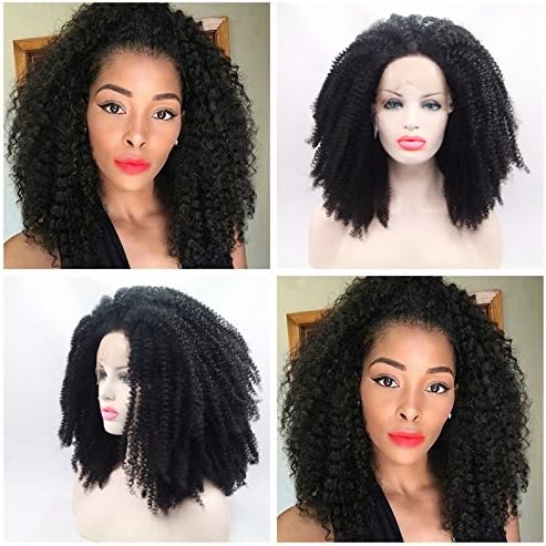 Wig Queen 250% density Lace Front Synthetic Hair Kinky Cruly With Baby Hair Hand Tied Cap Heat Resistant Glueless Wig For Women(14" BLACK)
