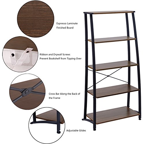 FIVEGIVEN 5 Tier Ladder Book Shelf Tall Bookshelf Modern Open Wood Espresso - Thumbnail 4