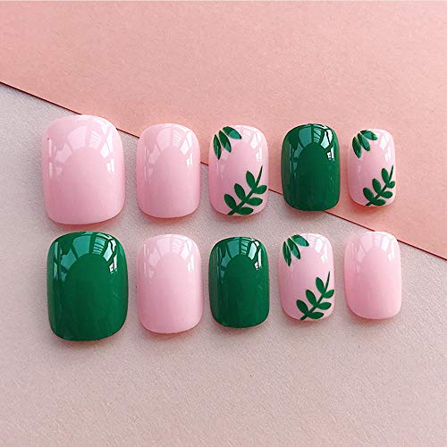 NEW Style Fake Nails Elegant Fresh Solid Pink Green Leaves Square Short Full Cover Summer Style Nail 24pcs 12 Different Size - Thumbnail 3