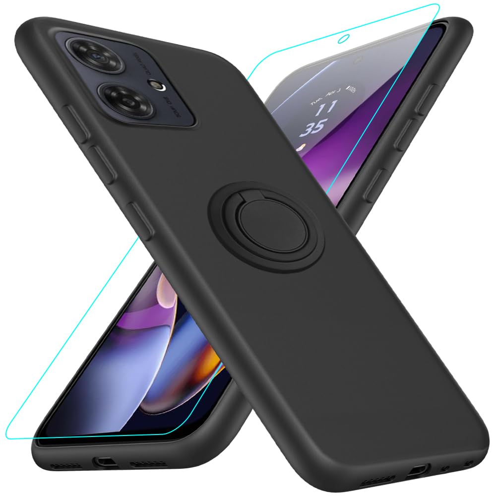Photo 1 of Compatible for Motorola Moto G54 5G Phone Case with Glass Screen Protector, 360° Rotatable Ring Holder Kickstand/Stand Silicone TPU Protective Cover Case for Motorola Moto G54 5G XT-2343-1 - Black