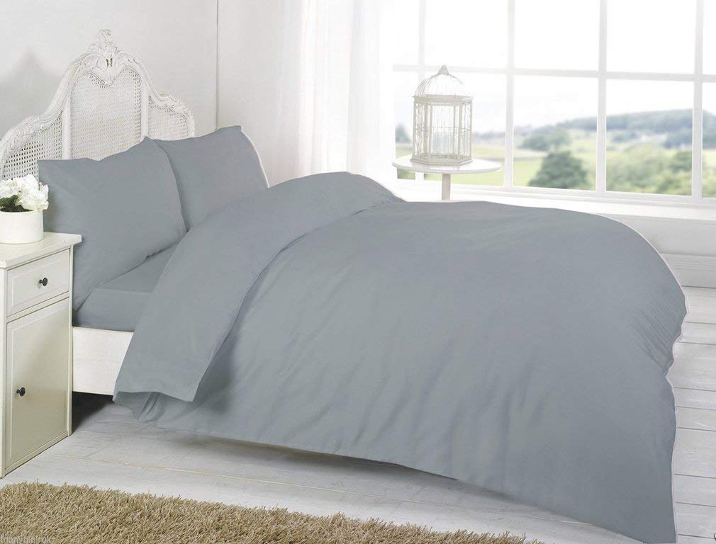 Comfy Nights Luxury Plain Dyed Pollycotton Duvet/Quilt Set (Single, Grey/Silver)