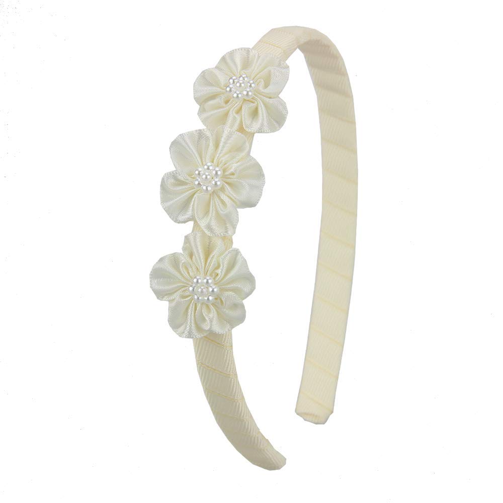 View 1 of 7Rainbows Boutique Triple Satin Flowers with 7 Faux Pearls Ivory Headbands for Girls Toddlers Teens and Even Adults.