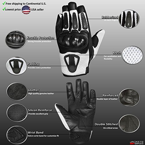 New Men Short Motorcycle Leather Mesh Gloves White Carbon Fiber XXL