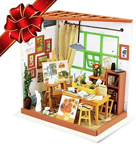 CHRISTMAS SALE | Miniature Dollhouse DIY Kit with LED Light - ART STUDIO - Building Crafts Puzzles Mini Toys - Top Christmas Gift for Adults and Kids - Best Educational Gifts for Boys and Girls