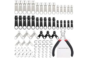 TecUnite 85 Pieces Zipper Repair Kit Nylon Zipper Pull Replacement with Instruction Manual and Install Pliers Tool for Sewing Luggage Jackets Coat Jeans, Black and Silver