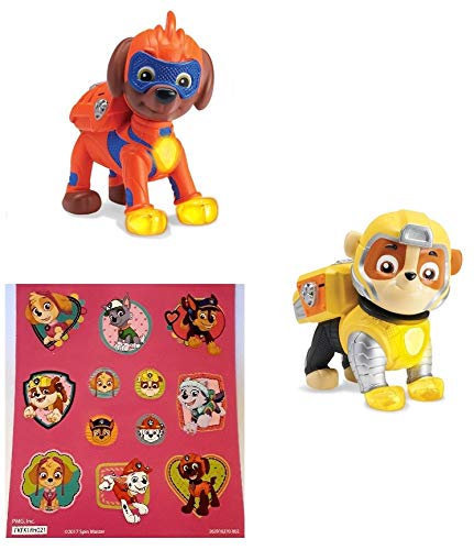Paw Patrol Mighty Pups Zuma and Rubble Figures with Light-up Badge and Paws with Bonus 12 Stickers Sheet Bundle (3 Items)