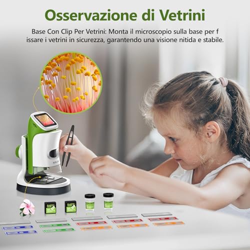 Children's Microscope 6-12 Years Digital Portable with Stand and 4K 2 Inch Screen, 1000 x Scientific Kit Christmas and Birthday Gift for Boys and Girls
