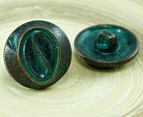 1pc S Flower Czech Green Turquoise Patina Aged Copper Button Size 10, 22.5mm