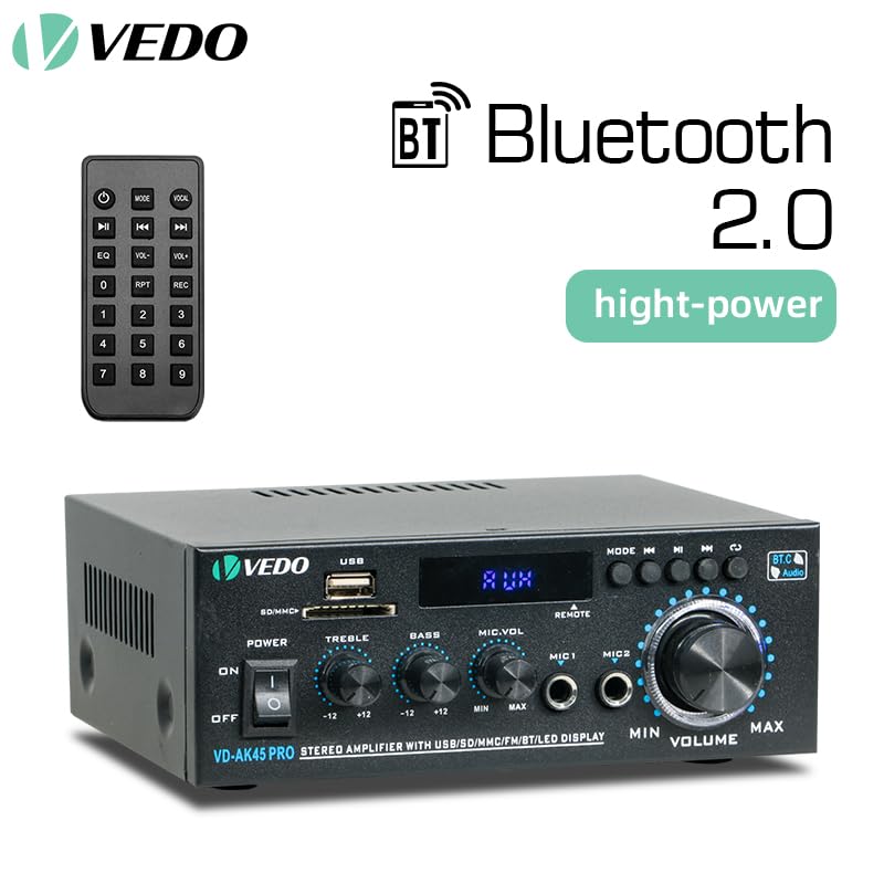 Amplificador de áudio estéreo profissional AK45 Pro, sistema de amplificação de potência sem fios Bluetooth 5.0 de dois canais de 300 W, adequado para uso doméstico, rádio FM, USB e controlo remoto