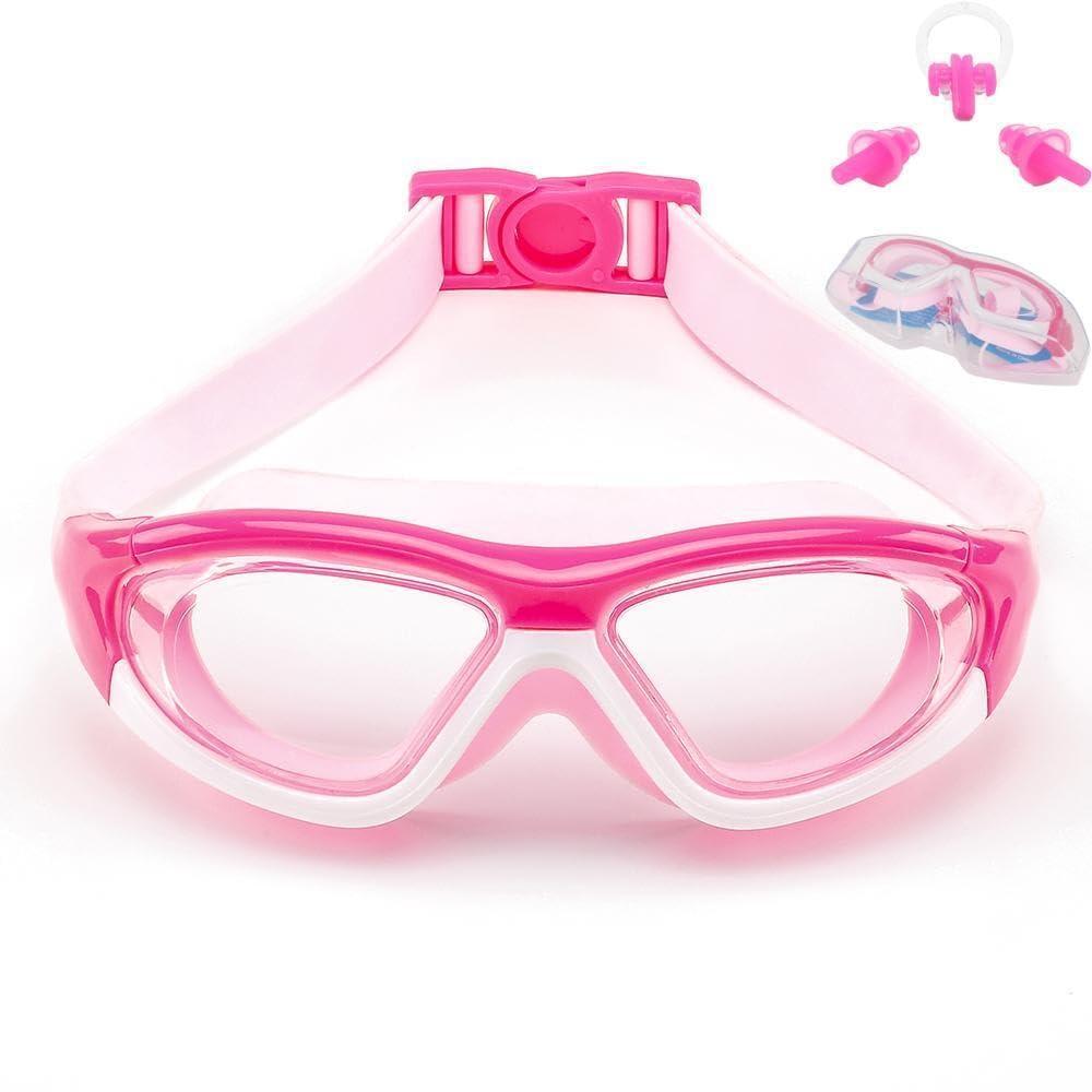 SIMAKARA Swimming Goggles Kids 6-14, Boys and Girls Swimming Goggles Age from 3 to 15 Years Old, Wide Vision, Anti-Fog, Waterproof, No Leaking, UV Protection-with FREE Case,Nose Clip Ear Plugs